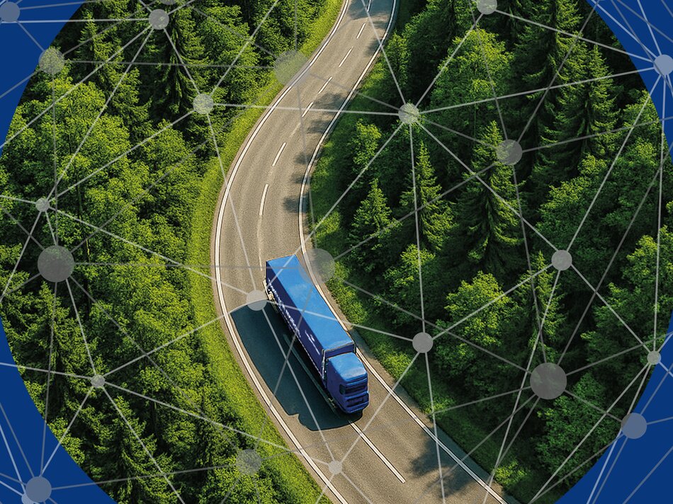 Lkw fährt auf kurvenreicher Landstraße durch Wald.