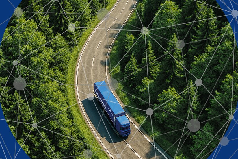 Lkw fährt auf kurvenreicher Landstraße durch Wald.