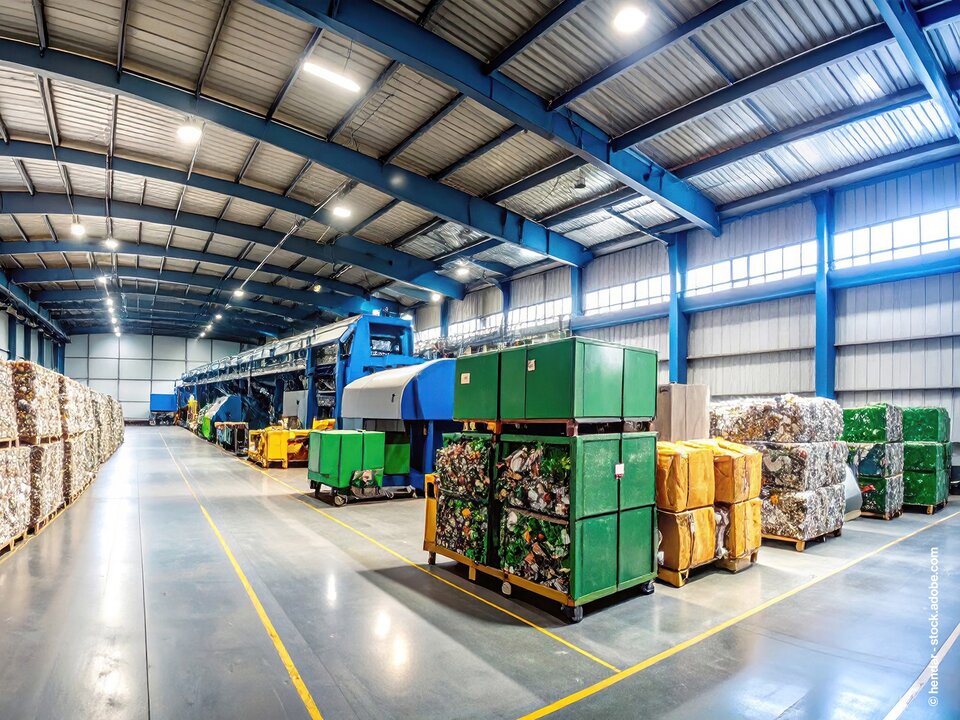 Halle mit Gitterboxen und Maschine für Abfallentsorgung und Aufbereitung.
