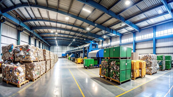 Halle mit Gitterboxen und Maschine für Abfallentsorgung und Aufbereitung.