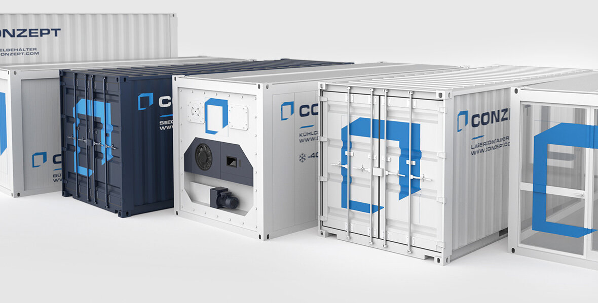 Container und Kühlcontainer in Reihe.