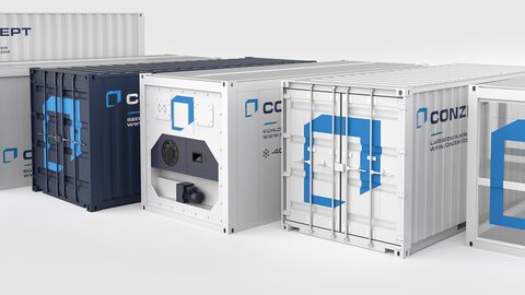 Container und Kühlcontainer in Reihe.