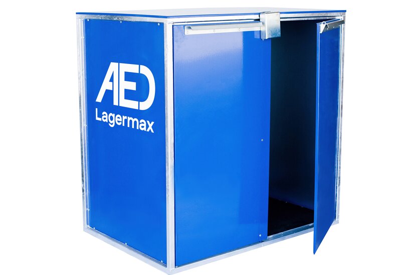 Blaue Metallbox mit AED Logo.