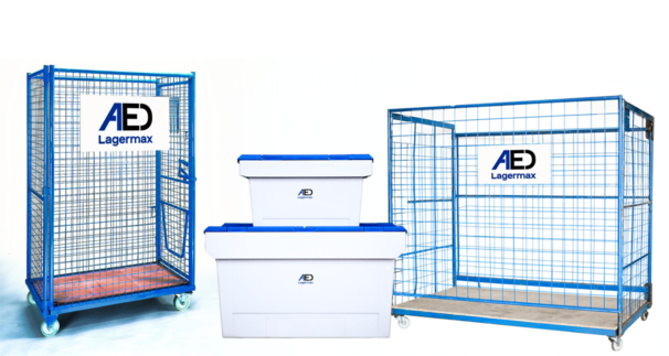 AED Gitterboxen und Plastikbehälter.