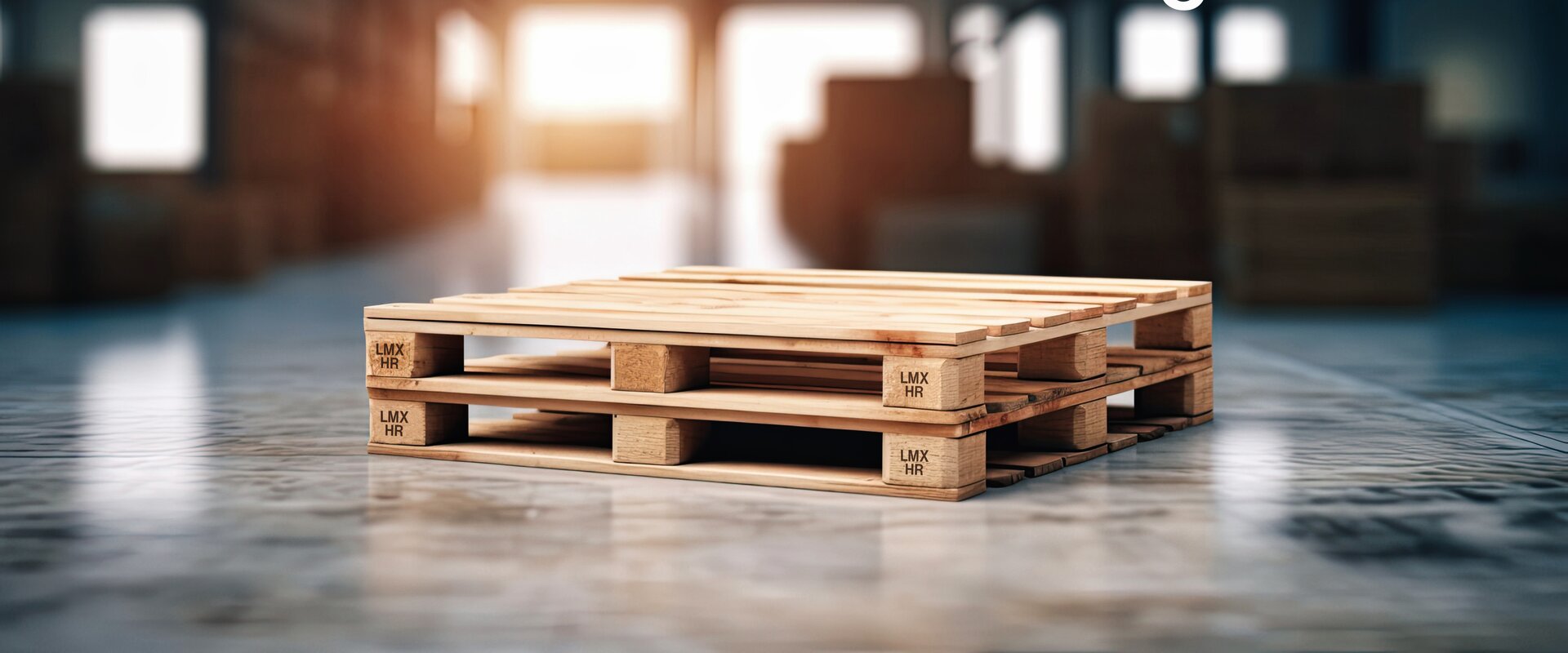 Zwei Holzpaletten auf Hallenboden.