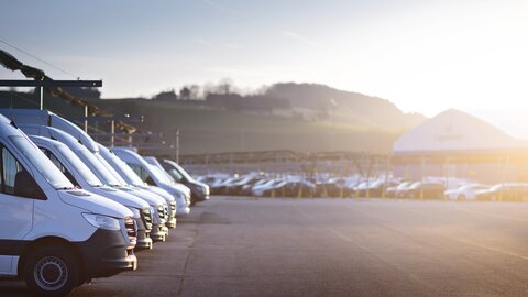 Geparkte Fahrzeuge in Reihe am Zolleigenlager bei Lagermax Straßwalchen.