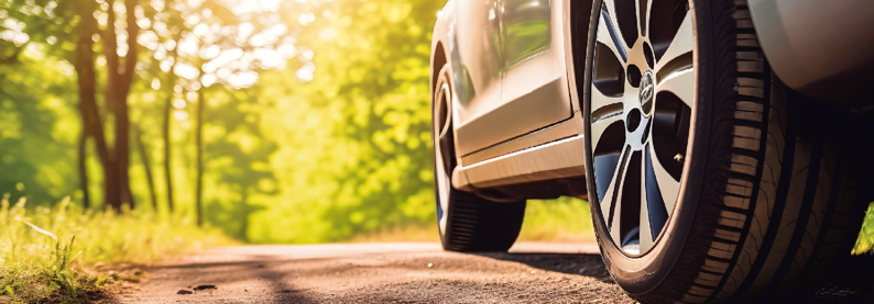 Seitenansicht von Auto mit Bäumen im Hintergrund - Vorderrad und Hinterrad.